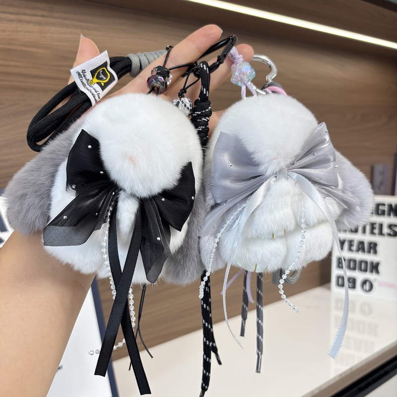 Cute Real Rex Rabbit Fur Bow Rabbit Car Keychain Pendant Plush Doll School Bag Bag Pendant Female Gift Cute Real Rex Rabbit Fur Bow Rabbit Car Keychain Pendant Plush Doll School Bag Bag Pendant Female Gift