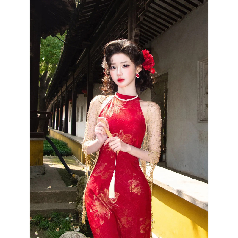 Golden Hollow-Out Mesh Bead-Decorated Shawl Cape, Hanfu Qipao Dress, Vintage Elegant Niche Classical Outerwear Golden Hollow-Out Mesh Bead-Decorated Shawl Cape, Hanfu Qipao Dress, Vintage Elegant Niche Classical Outerwear