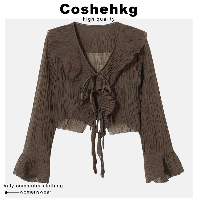 Coshehkg/Retro Bell-Sleeved Lace-Up Sun Protection Shirt for Women Early Autumn Style with Patchwork Ruffles Versatile Cardigan Top