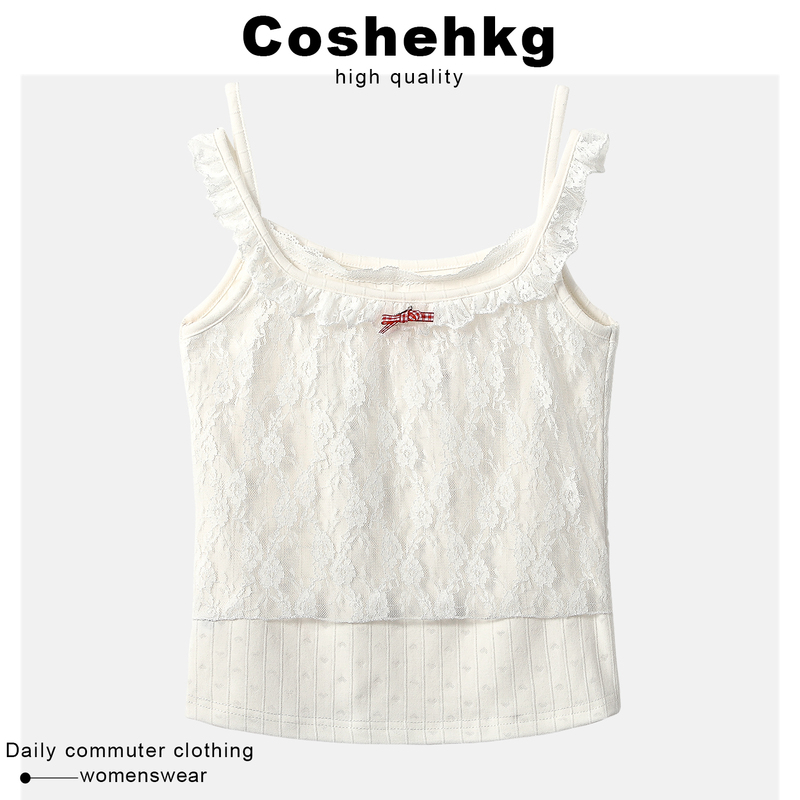Coshehkg/Spliced Lace Mesh Camisole Women's Summer Outer Wear New Style Crochet Cut Out Bow Top