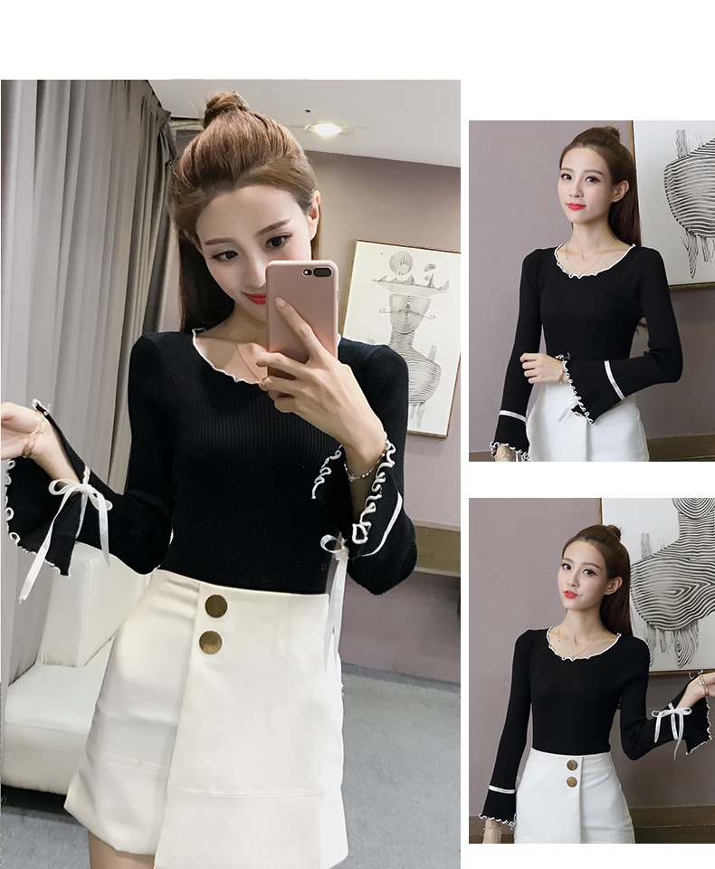 Áo len mùa thu 2018 hoang dã của phụ nữ áo len mỏng dài tay mỏng Áo thun học sinh Hàn Quốc là áo sơ mi mỏng và bó sát áo kiểu trung niên