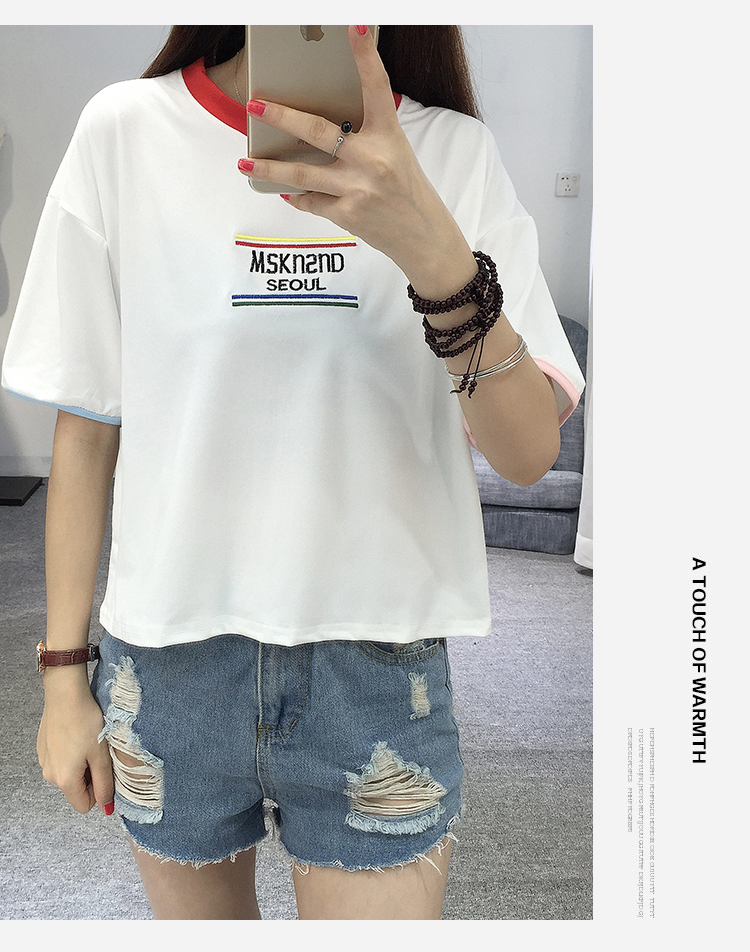 Màu sắc phù hợp với cổ áo ngắn tay t-shirt nữ Hàn Quốc phiên bản của thêu lỏng thư vòng cổ sinh viên áo hoang dã 2018 mùa xuân và mùa hè phong cách mới áo thun form rộng nữ