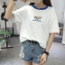 Màu sắc phù hợp với cổ áo ngắn tay t-shirt nữ Hàn Quốc phiên bản của thêu lỏng thư vòng cổ sinh viên áo hoang dã 2018 mùa xuân và mùa hè phong cách mới áo phông nữ cao cấp Áo phông