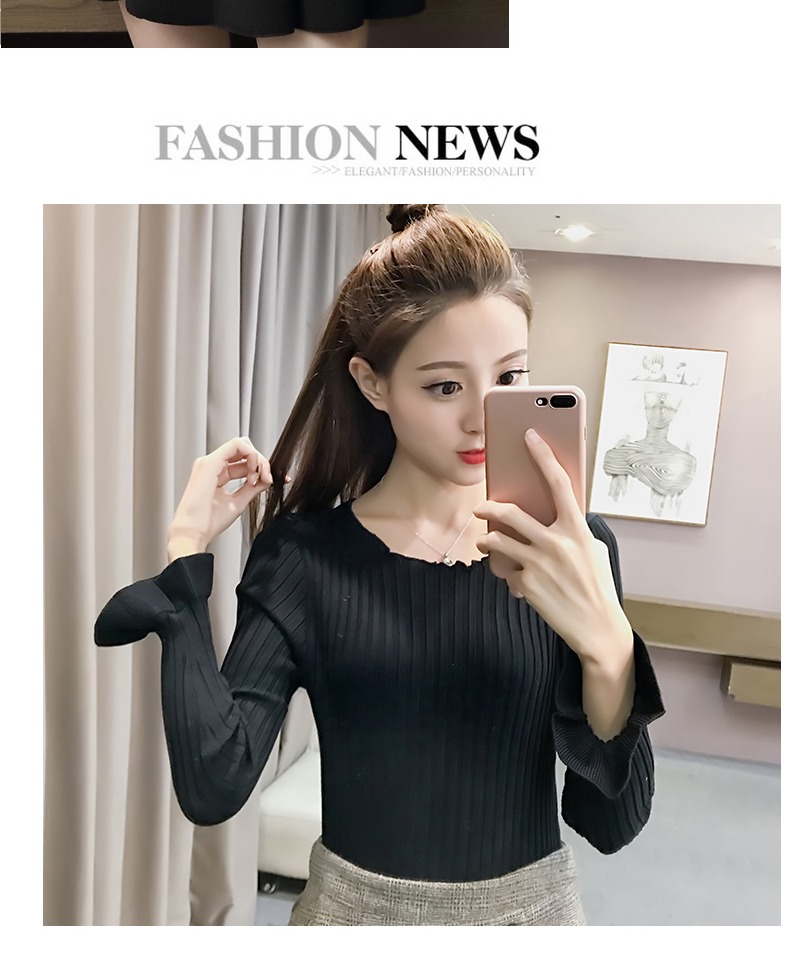 Áo len nữ dài tay kiểu mới sang trọng kiểu Hồng Kông thời trang hoang dã mảnh mai thon gọn cổ thấp tay áo cánh hoa mẫu áo len nữ đẹp 2021