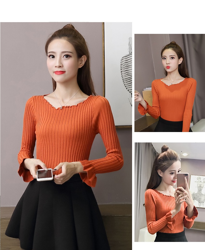 Áo len nữ dài tay kiểu mới sang trọng kiểu Hồng Kông thời trang hoang dã mảnh mai thon gọn cổ thấp tay áo cánh hoa mẫu áo len nữ đẹp 2021