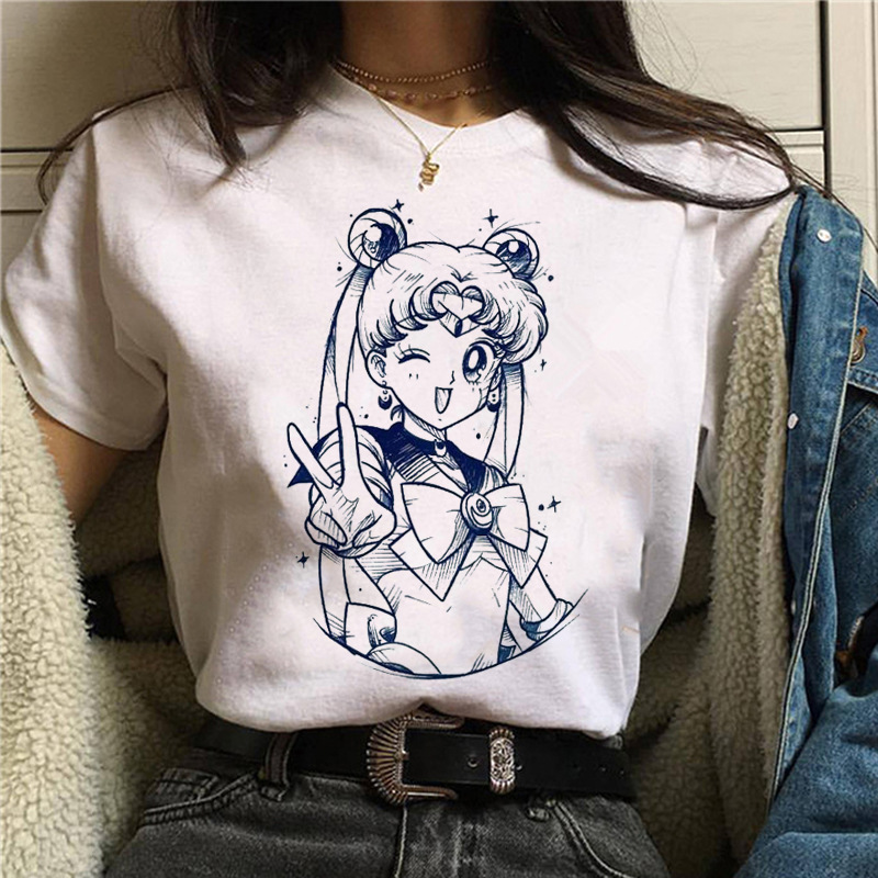 WhiteSailor   Moon   Harajuku lovely kawaii solar system Sailor Moon printing female jacket T-shirt ins tide