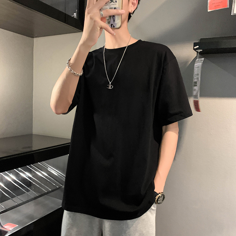 Black Hong Kong Style Trendy ins Loose Short-Sleeved T-Shirt for Men, Summer Round Neck Half-Sleeve Simple Men's Pure Cotton T-Shirt