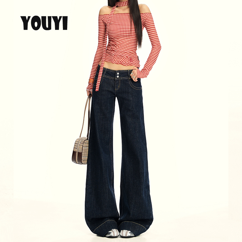 American-Style Dark Blue Straight-Leg Jeans for Women, Autumn and Summer 2026 New Double-Button Low-Waist Versatile Slimming Casual Pants American-Style Dark Blue Straight-Leg Jeans for Women, Autumn and Summer 2026 New Double-Button Low-Waist Versatile Slimming Casual Pants