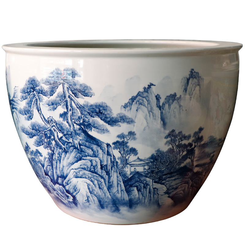 Heavy jingdezhen ceramic cylinder large aquarium lotus pond lily Chinese blue and white landscape ceramic cylinder cornucopia sitting room