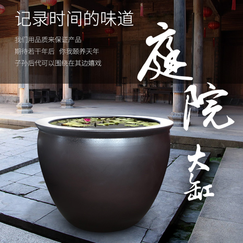 Large size extra Large sitting room goldfish bowl jingdezhen ceramic earthenware VAT black pottery tortoise water lily cylinder