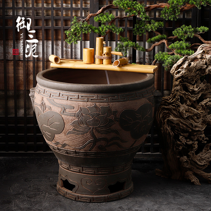 Jingdezhen earthenware coarse pottery do old large ceramic tank goldfish bowl big fish tank water lily tortoise cylinder engraving