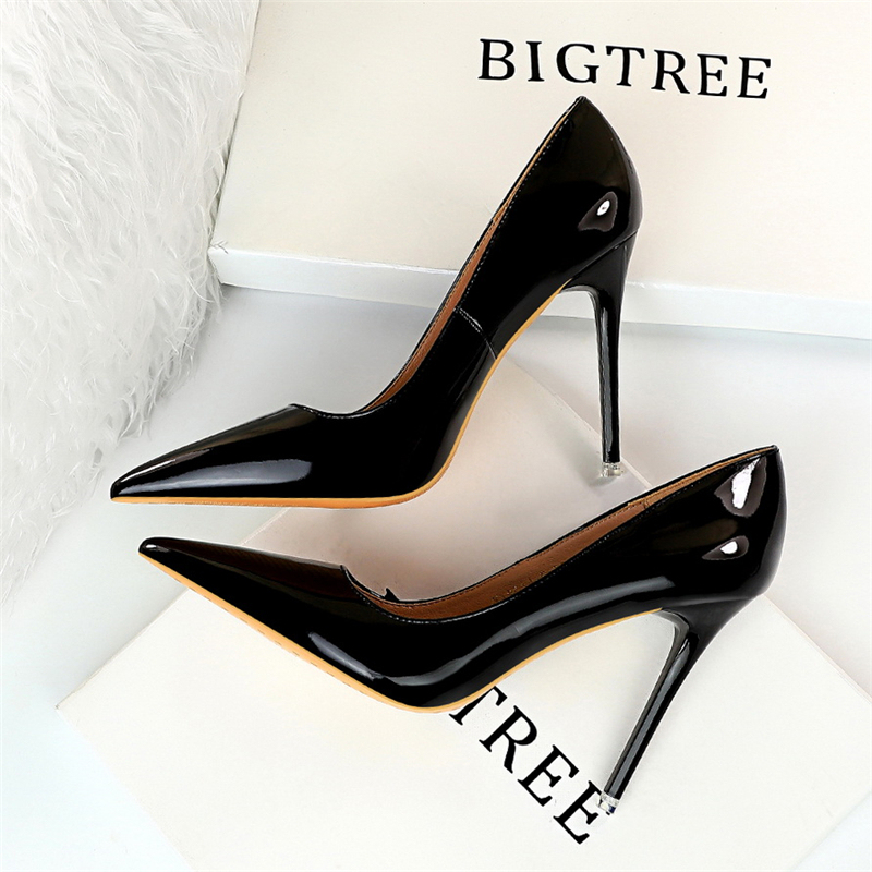 European and American Style Simple Stiletto Ultra-High Heels Glossy Party Shoes Shallow Pointed Toe Sexy Professional Ol Women's Shoes