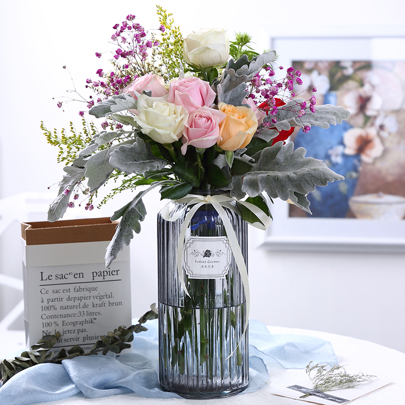 Creative European-style vase transparent glass color cylindrical vase hydroponic fresh flowers dried flowers living room decoration flower arrangement ornaments