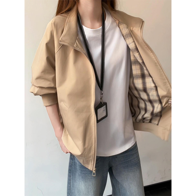 Khaki American-Style Harrington Stand-Collar Jacket for Men, Autumn and Spring Season, Plaid Patchwork, High-End, Stylish, Short Coat