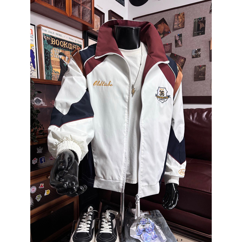 American Retro Color-Block Motorcycle Jacket for Men, Spring and Autumn, High-End Style, Cool and Stylish Campus Outerwear, Trendy Brand Baseball Jacket