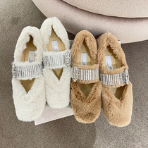 Plush shoes womens autumn and winter outer wear 2021 new Korean version square head rhinestone flat bottom Mary Jane single shoes plus velvet beanie shoes