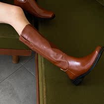 Leather boots womens 2021 new spring and autumn square head British style is thin but knee boots thick heel knight boots