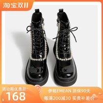 2021 ins tide thick bottom pearl martin boots female British style thin patent leather autumn short boots motorcycle boots short tube
