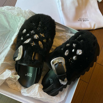 Mao Mao shoes womens winter new 2021 flat bottom one word Baotou slippers outside wearing beanie shoes metal buckle hair slippers