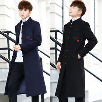 Long Mens Suit Knee Windbreaker Korean Tide Chinese style handsome slim woolen coat coat