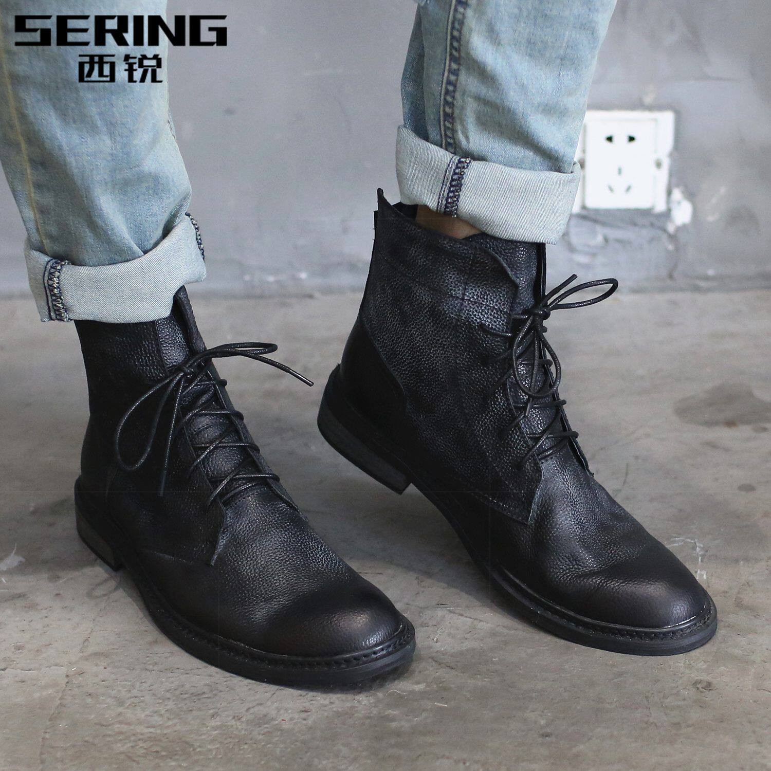 West Sharp High-end Martin Boots Man Genuine Leather Retro Korean Version Short Boots Hair Stylist Chelsea Boots Man High Cylinder Leather Shoes