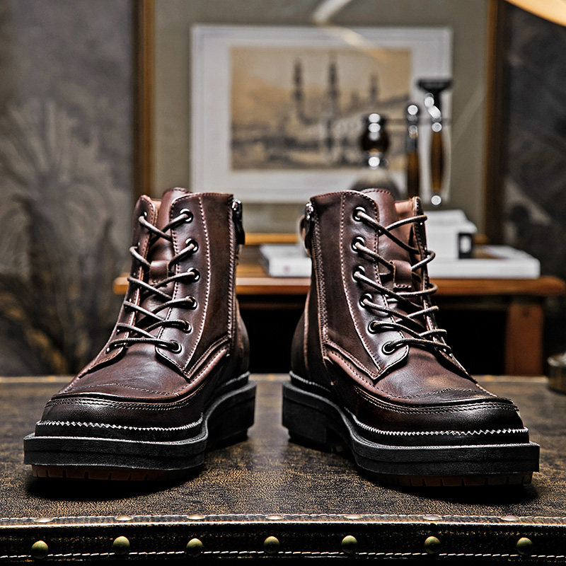 New leather boots retro leather boots men's short boots tooling thick bottom trend motorcycle boots British leather Martin boots men