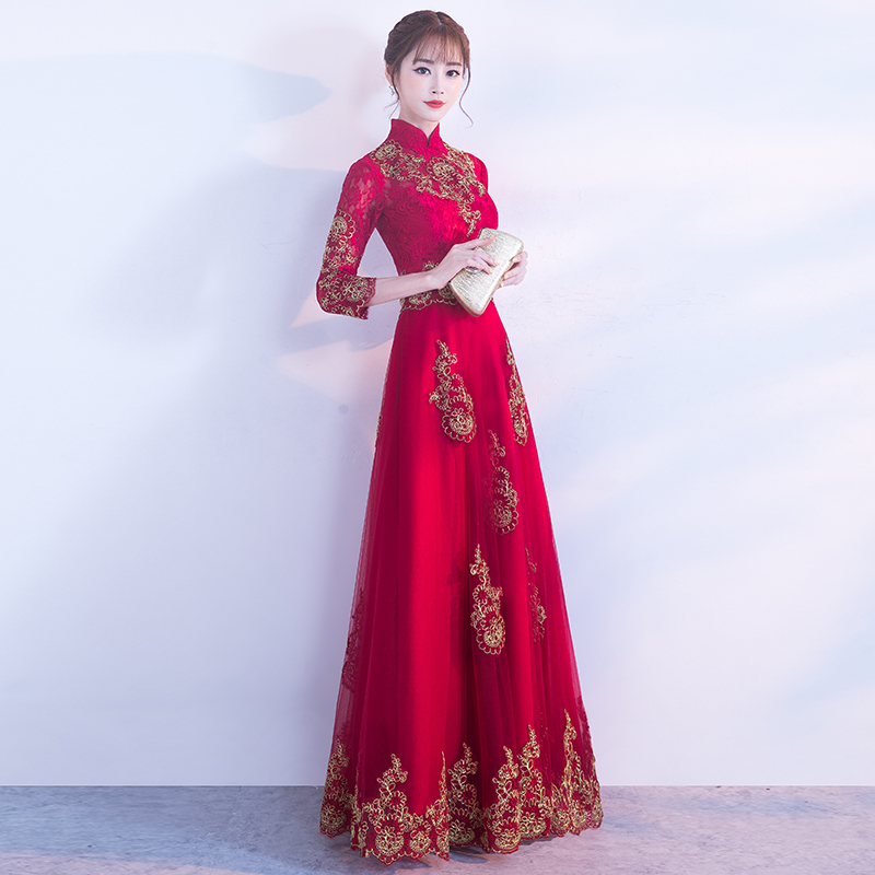 Cantata performance dress Female long dress Red song competition costume Red patriotic conductor host evening dress Chinese style