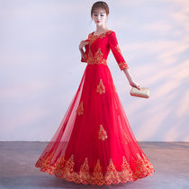 Cantata performance dress Female long dress Red song competition costume Red patriotic recitation host evening dress embroidery