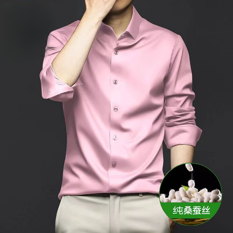 High-End Mulberry Silk Shirt for Men, Long-Sleeved, Spring and Autumn, High-End Work Attire, Slim Fit Men's Silk Pink Shirt