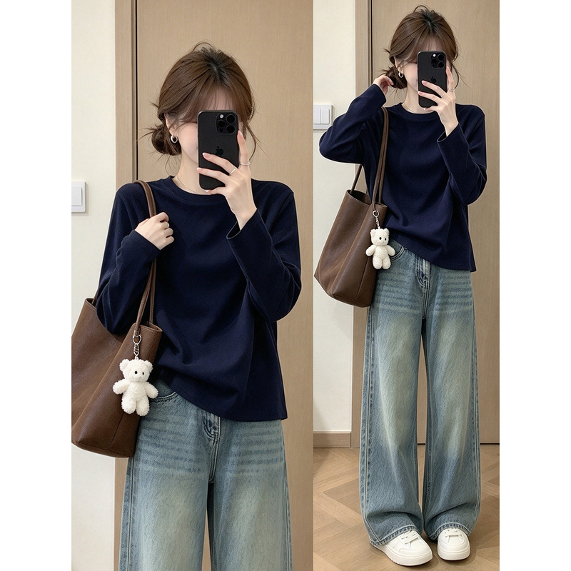 Navy Blue Korean Style Regular Shoulder Long-Sleeve T-Shirt for Women, Autumn Plus Size Slimming Round Neck Everyday Versatile Basic Top