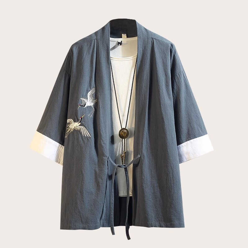 Ancient Style Summer Chinese Style Crane Embroidery Short-Sleeved Jacket Hanfu Men's Ancient Costume Loose Cotton and Linen Layman's Robe Taoist Clothing Ancient Style Summer Chinese Style Crane Embroidery Short-Sleeved Jacket Hanfu Men's Ancient Costume Loose Cotton and Linen Layman's Robe Taoist Clothing