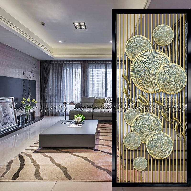 Custom art glass living room partition screen simple double-sided frosted transparent effect tempered dandelion nine fish figure