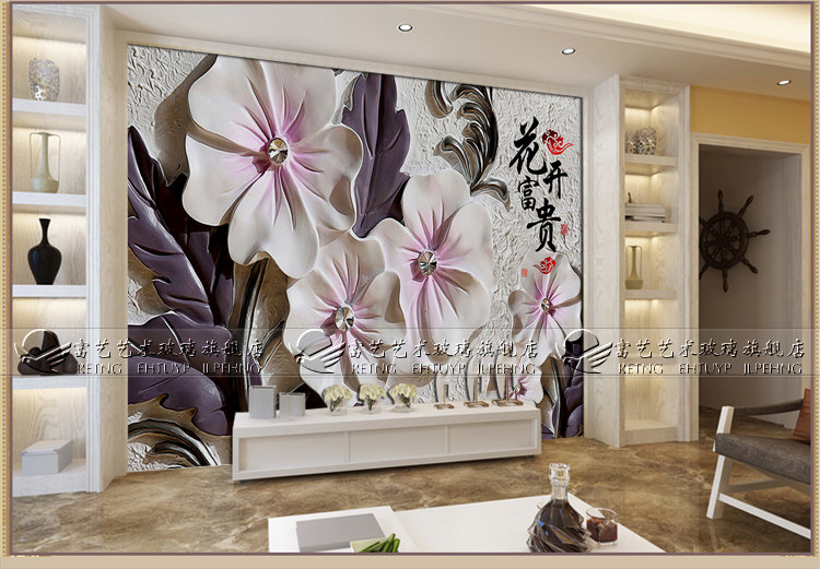 Art Glass 3D Stereosensation Engraving TV Background Wall Screen Deep Engraving Embossed Spray Paint Flowers Open Rich