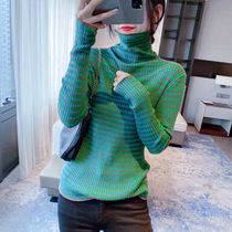 Striped high collar knit cardiovert 2021 autumn winter new stylish temperament uphols-up blouse jacket head slapped bottom sweater