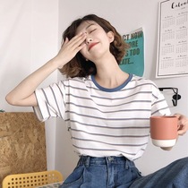 Striped Short Sleeves 2021 New Korean Version Retro Collision Color Loose Color Fashion Student Blouse Harbor Wind Womens Clothing T-shirt