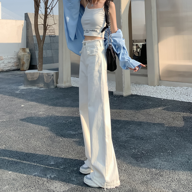 White High-Waisted Frayed Straight-Leg Jeans for Women, Early Autumn 2026 New Style, Loose, Slimming, Wide-Leg, Floor-Length Pants