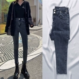 Осенние джинсы, демисезонные штаны, популярно в интернете, высокая талия, в обтяжку, по фигуре, облегающий крой