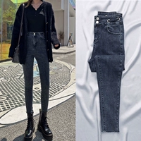 Осенние джинсы, демисезонные штаны, популярно в интернете, высокая талия, в обтяжку, по фигуре, облегающий крой