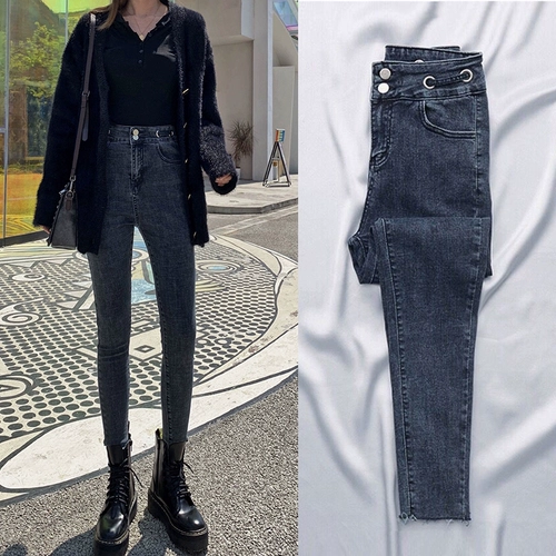 Осенние джинсы, демисезонные штаны, популярно в интернете, высокая талия, в обтяжку, по фигуре, облегающий крой