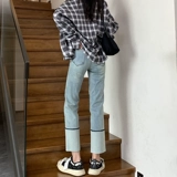 Синие цветные прямые свободные джинсы, осенние штаны, высокая талия, 2024 года, подходит для подростков