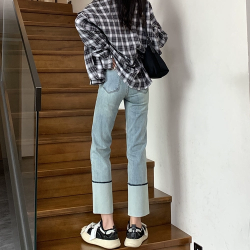Синие цветные прямые свободные джинсы, осенние штаны, высокая талия, 2024 года, подходит для подростков
