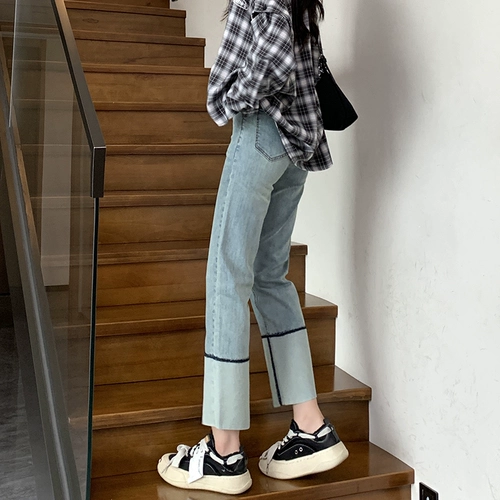 Синие цветные прямые свободные джинсы, осенние штаны, высокая талия, 2024 года, подходит для подростков