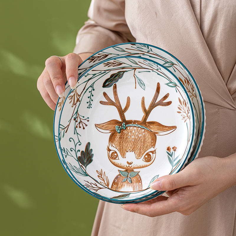 Cartoon eating bowl home 2021 new dish set ceramic tableware underglaze color cute elk rice bowl