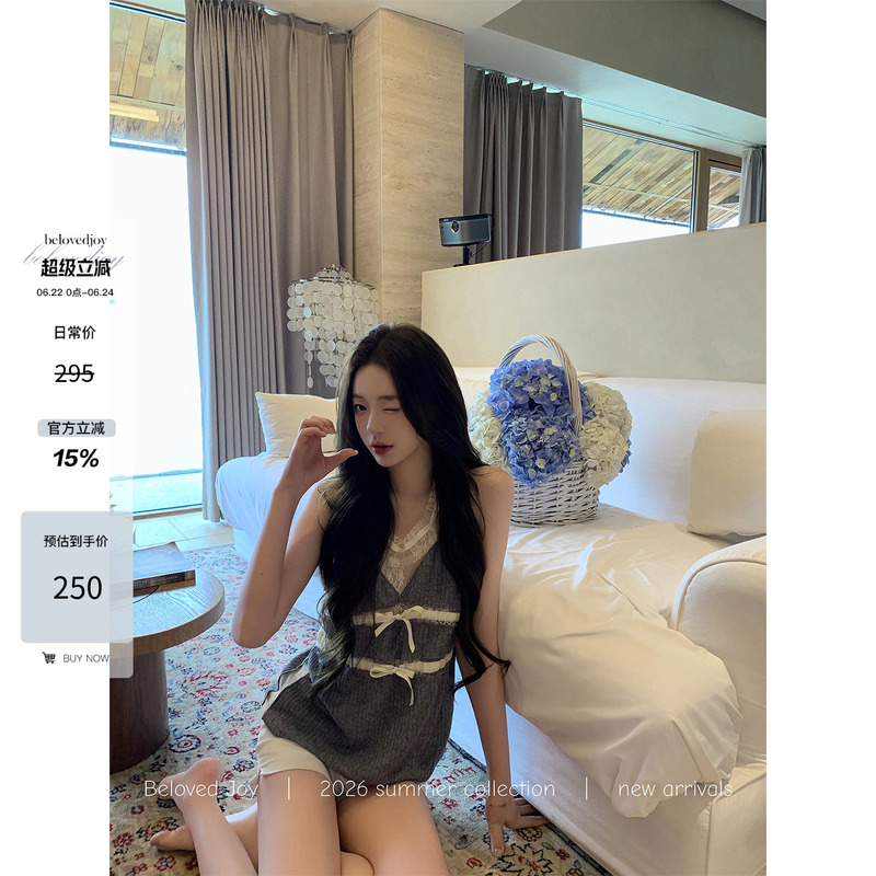 Belovedjoy 【Soft Gauze Double Butterfly】 Patchwork Lace Texture Bow-Knot Atmospheric Waist-Cinching Top