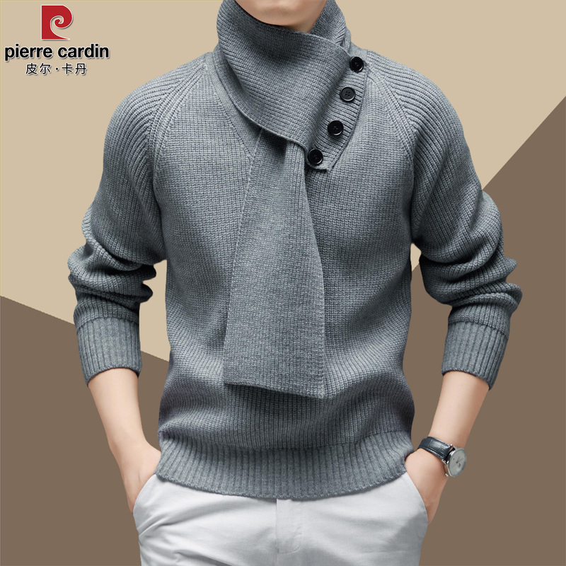 Pierre Cardin Scarf Collar Wool Sweater Men's Thick Pullover Sweater Slim Fit Lazy Style Fashionable Men's Knitwear Pierre Cardin Scarf Collar Wool Sweater Men's Thick Pullover Sweater Slim Fit Lazy Style Fashionable Men's Knitwear