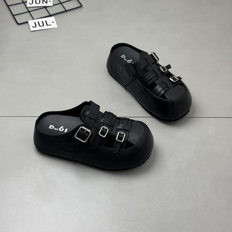 Genuine Leather Woven Closed-Toe Half-Slippers for Women, 2026 Summer New Style, Outdoor Pig Cage Shoes, Hollow Breathable Thick-Soled Mules