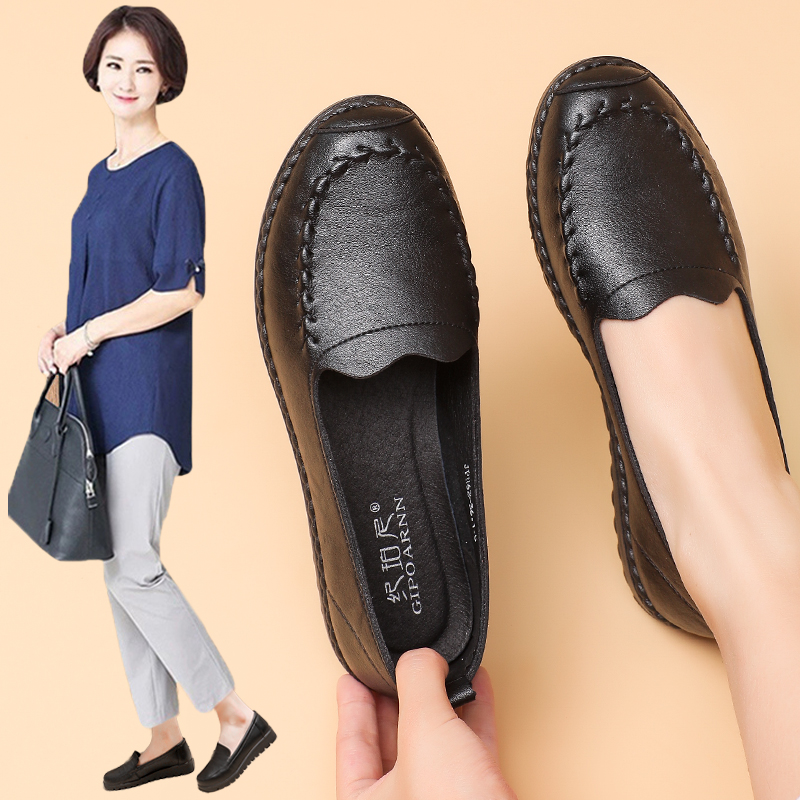 Mom Shoes Softbottom Single Shoes Middle Aged Women Shoes Comfort Light Grandma Non-slip Middle Flat Leather Shoes Spring Autumn Leather