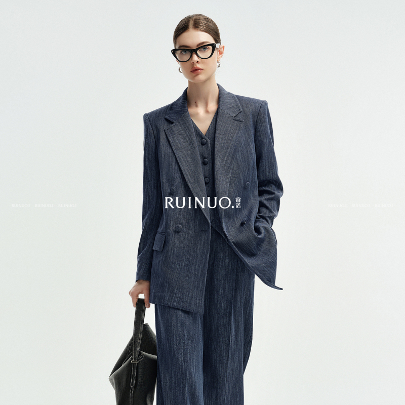Rui Nuo Denim Blue Blazer for Women, Autumn High-End Elegant Professional Suit, Workplace Commuting Wide-Leg Pants Two-Piece Set Rui Nuo Denim Blue Blazer for Women, Autumn High-End Elegant Professional Suit, Workplace Commuting Wide-Leg Pants Two-Piece Set
