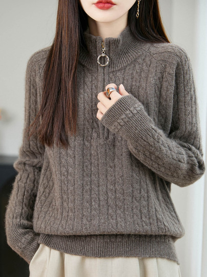 French-Style Half-Zip Pure Wool Knit Sweater for Women, Vintage Cable Knit Sweater, 2026 New Thickened Warm Top