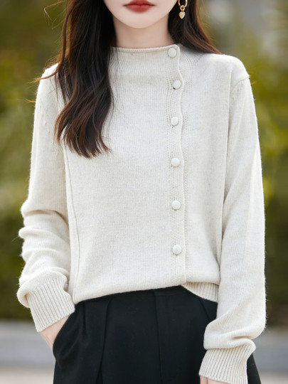 Old money style oblique placket wool knitted cardigan for women gray sweater jacket high-end age-reducing thickened warm bottoming shirt